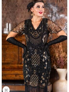 Elegant Black & Gold Beaded Flapper Dress